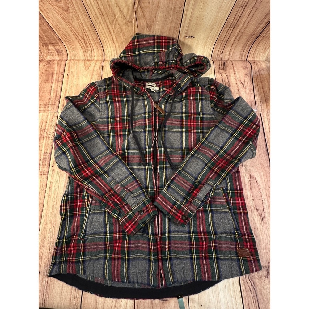 LL Bean Women Medium Relaxed Fit Plaid Flannel Full Zip Hoodie Red Blue 502092